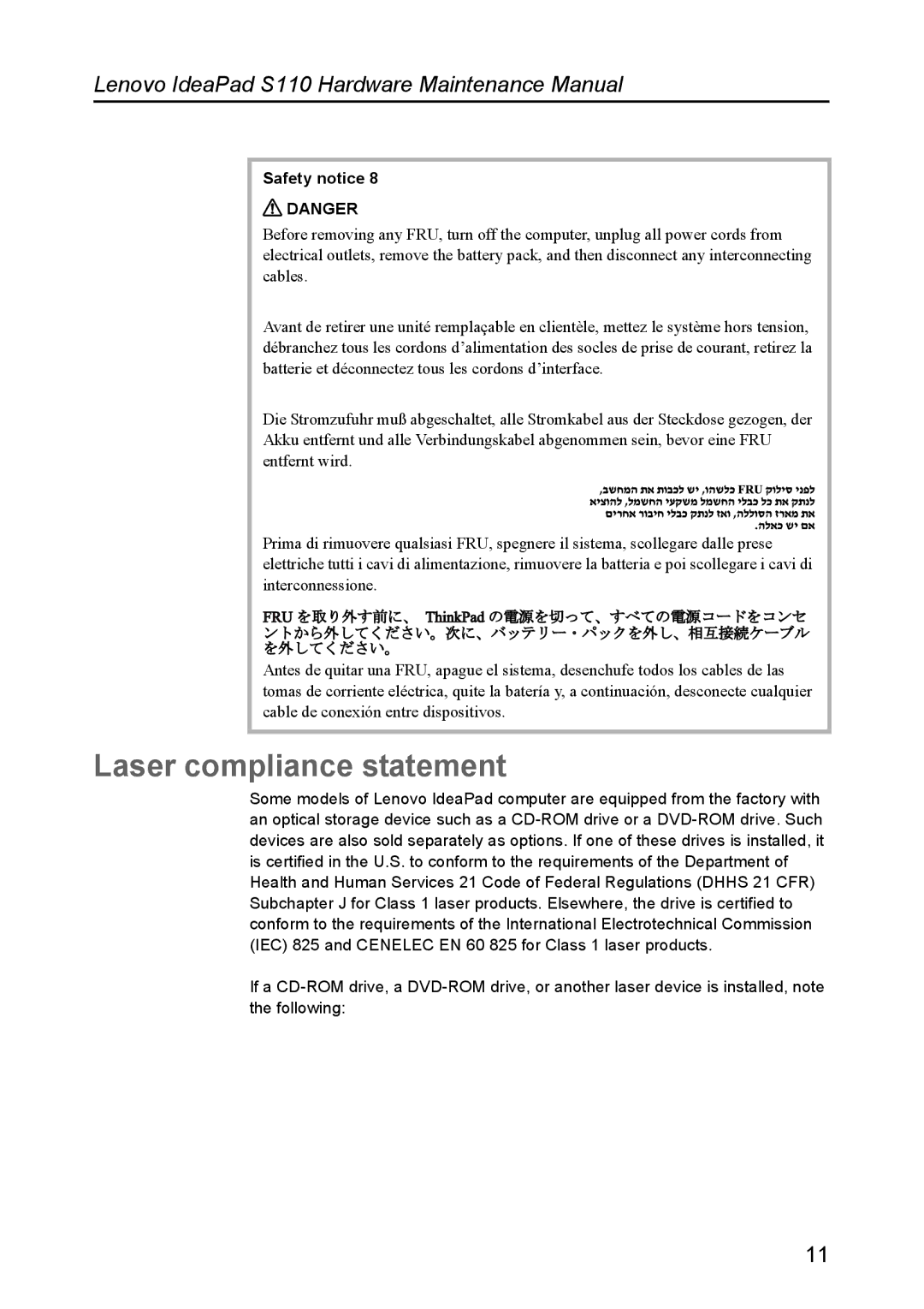 Lenovo S110 manual Laser compliance statement 