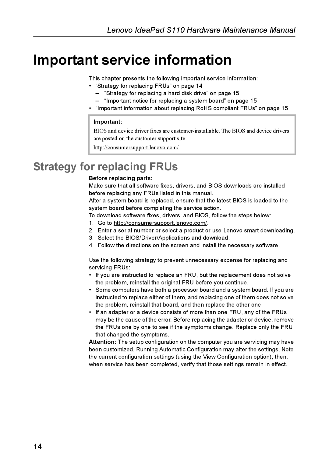 Lenovo S110 manual Strategy for replacing FRUs, Before replacing parts 