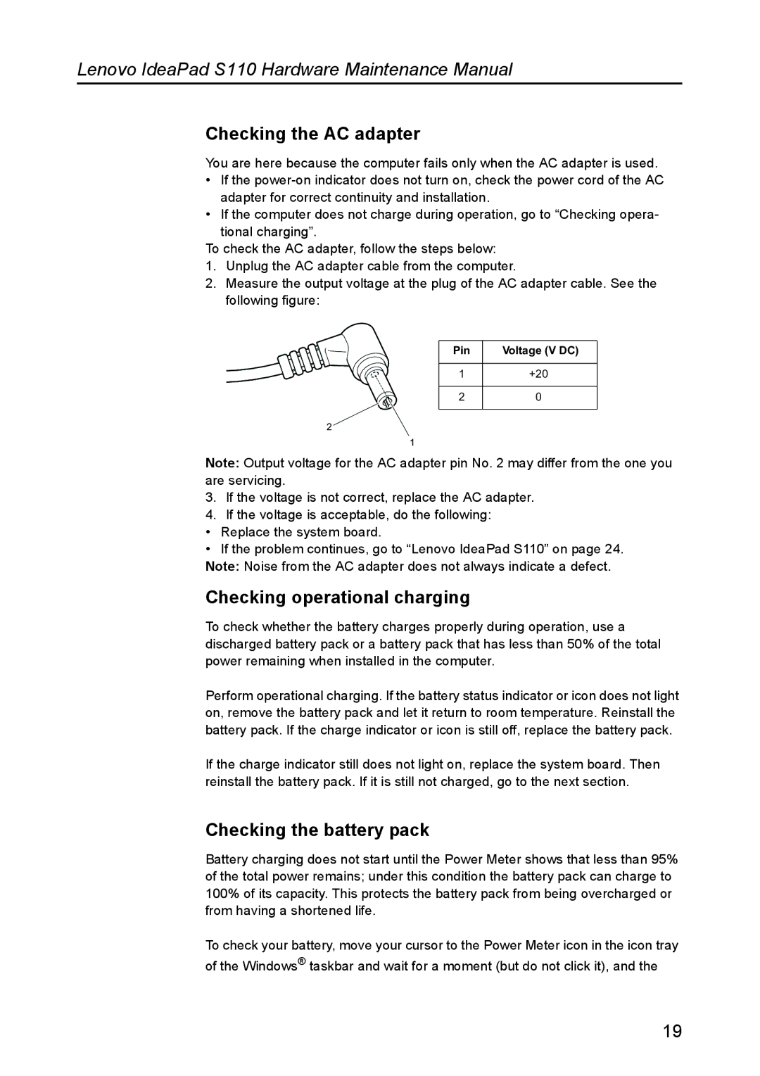 Lenovo S110 manual Checking the AC adapter, Checking operational charging, Checking the battery pack 