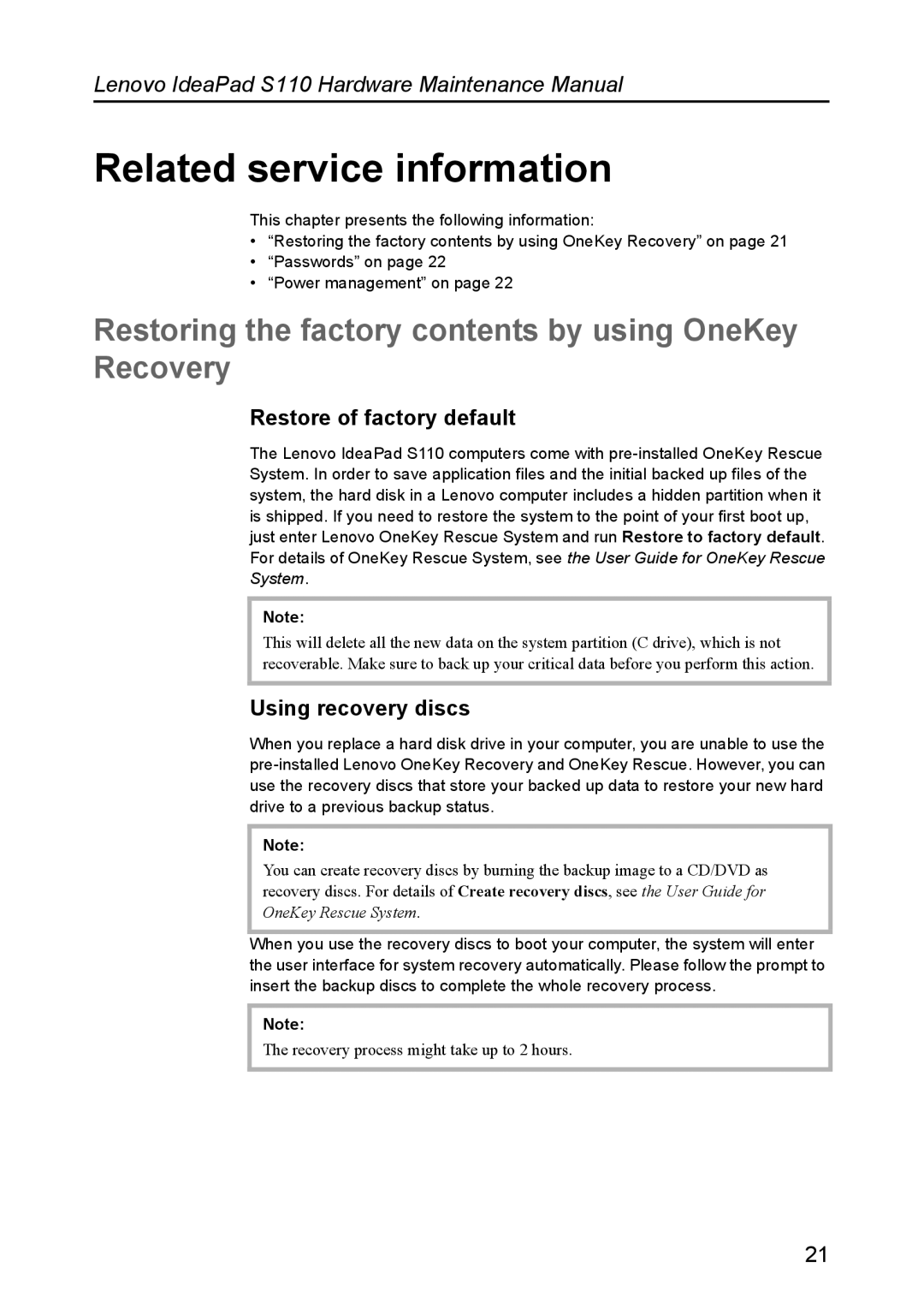 Lenovo S110 manual Related service information, Restoring the factory contents by using OneKey Recovery 