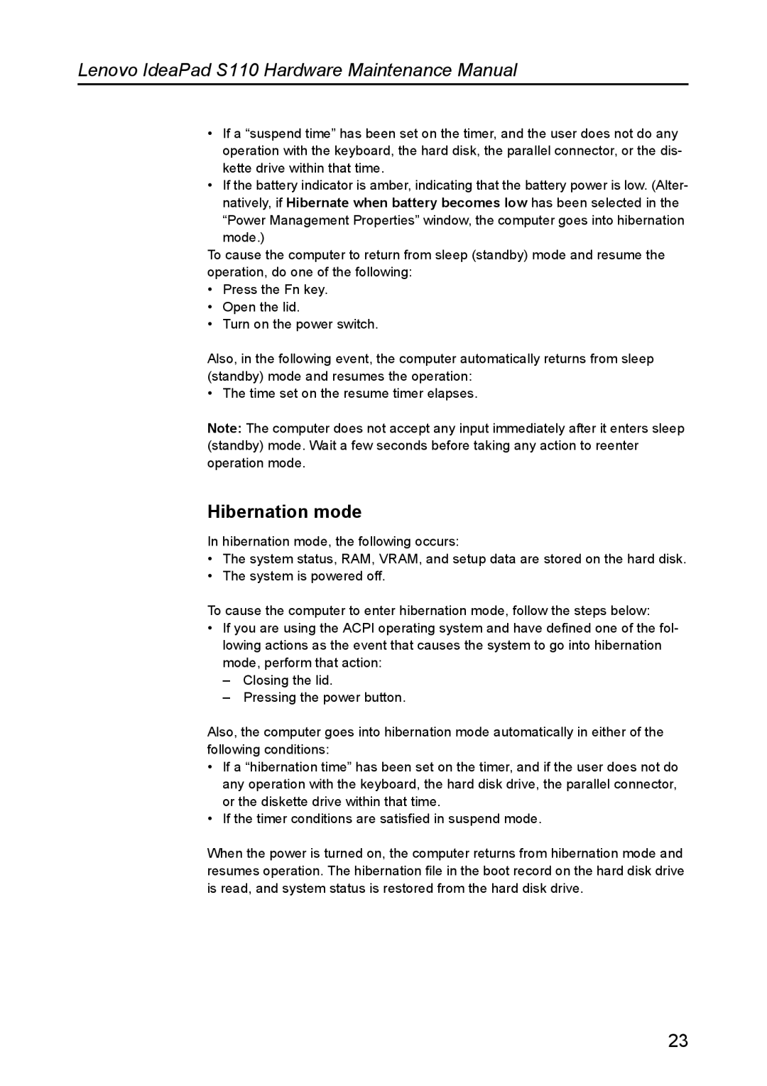 Lenovo S110 manual Hibernation mode 