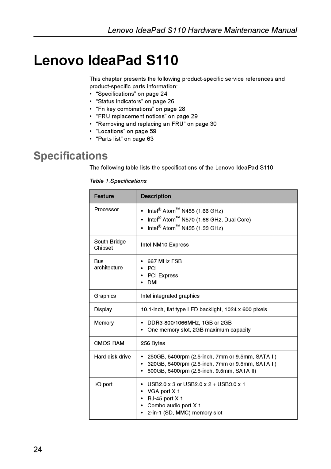 Lenovo manual Lenovo IdeaPad S110, Specifications 