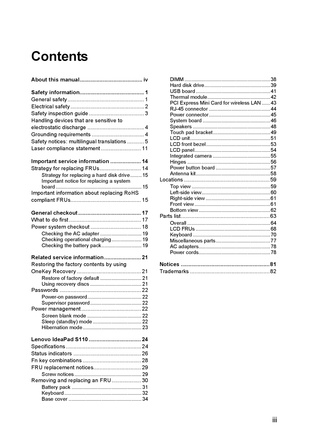 Lenovo S110 manual Contents 