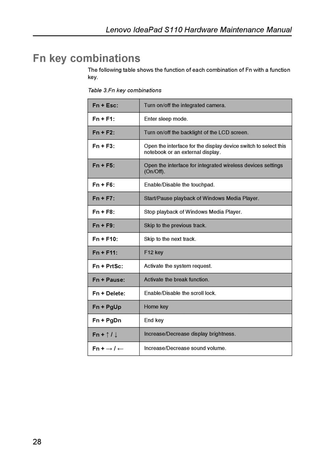 Lenovo S110 manual Fn key combinations 