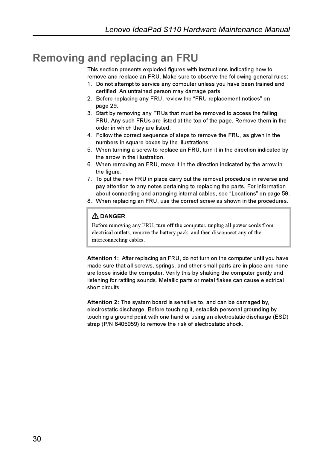 Lenovo S110 manual Removing and replacing an FRU 