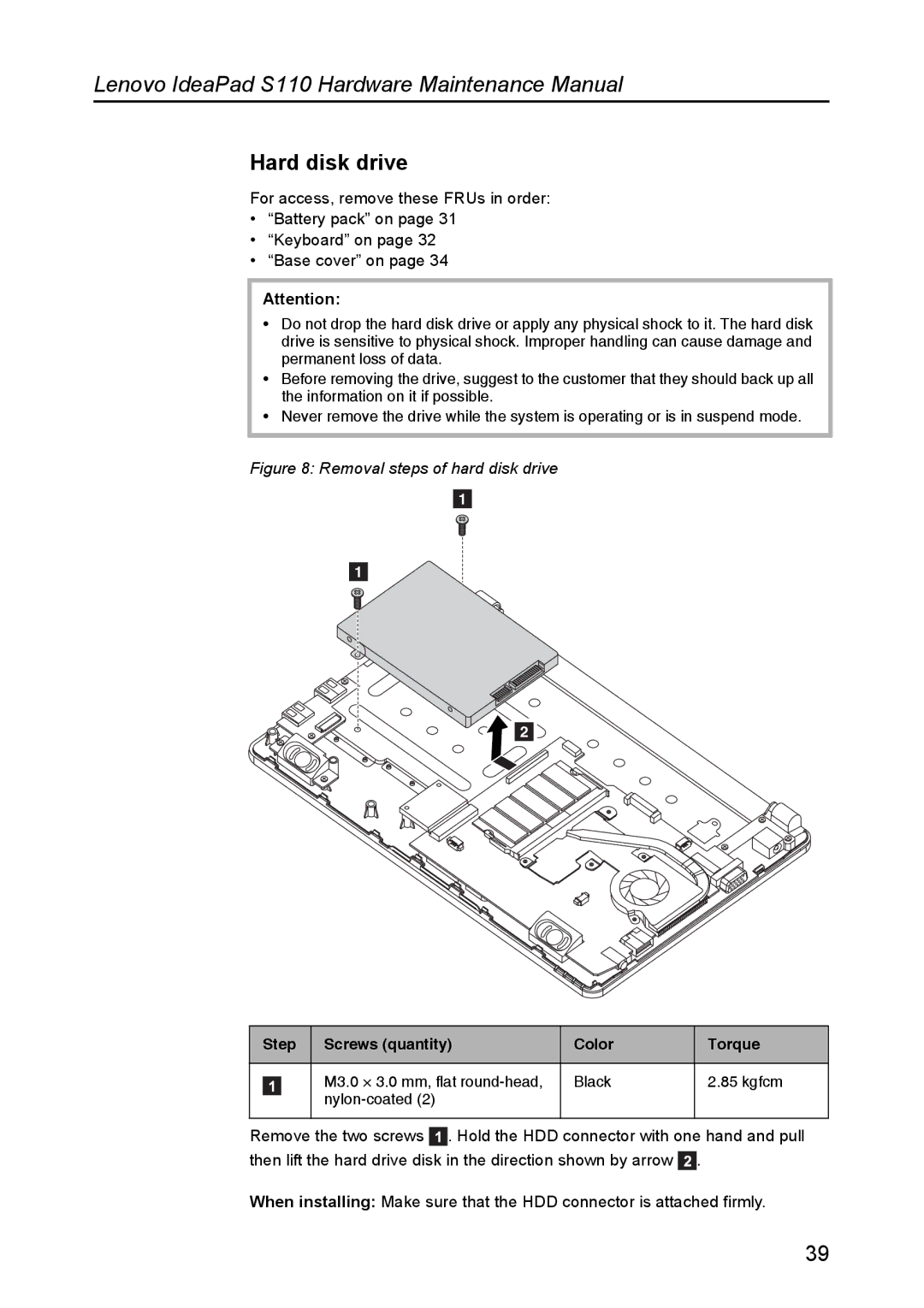 Lenovo S110 manual Hard disk drive, Removal steps of hard disk drive 