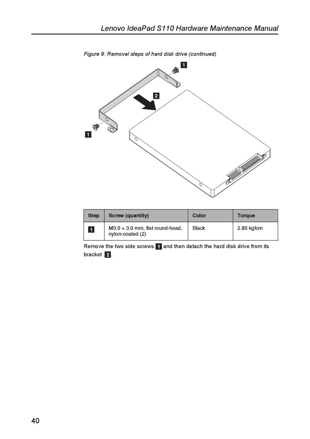 Lenovo S110 manual Step Screw quantity Color Torque 