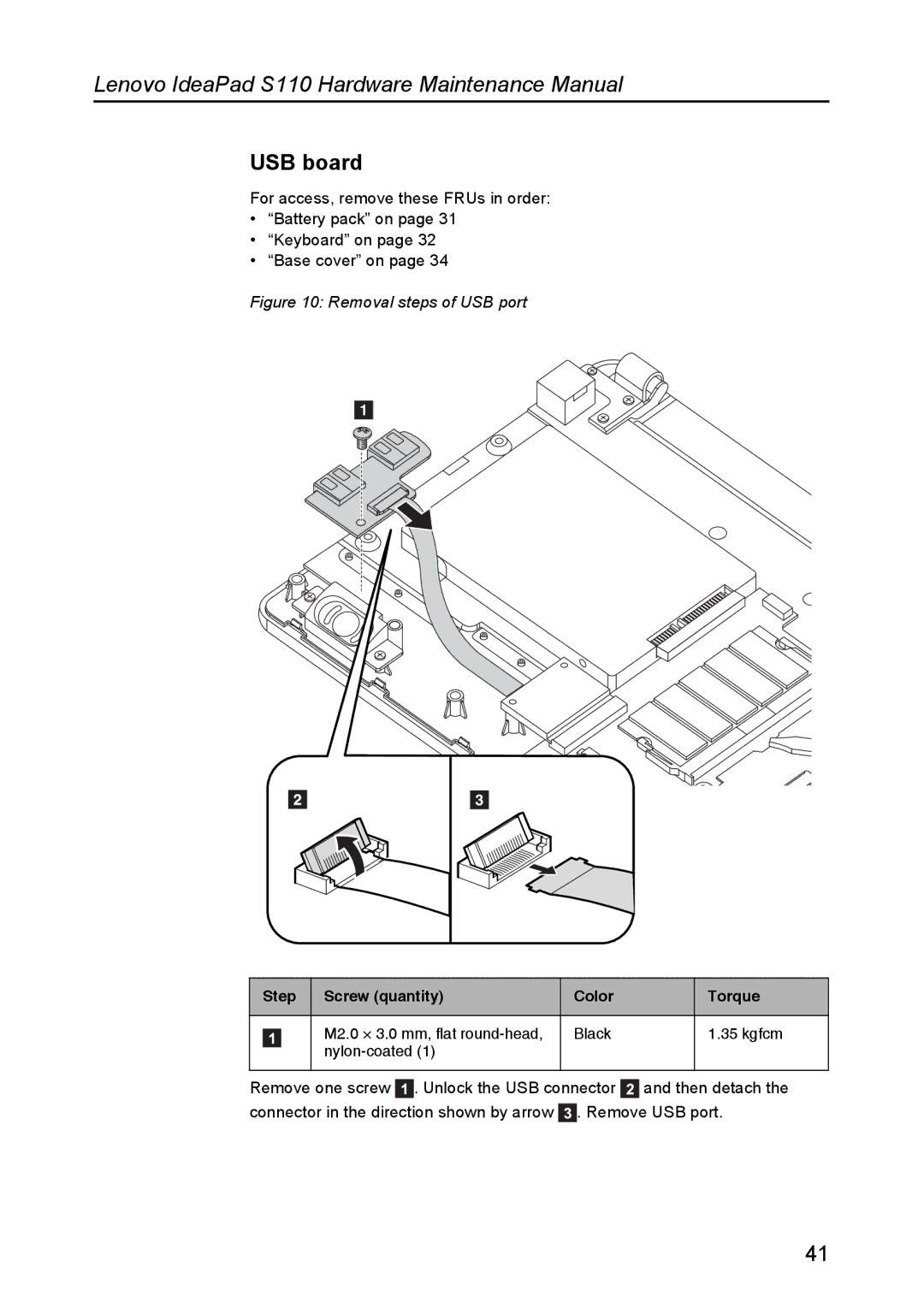 Lenovo S110 manual USB board, Removal steps of USB port 