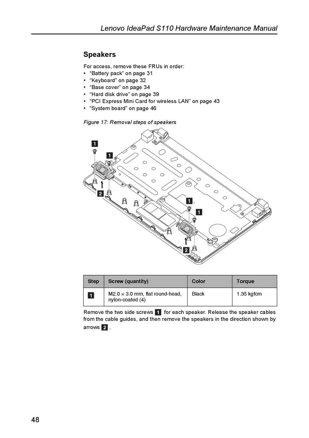 Lenovo S110 manual Speakers, Removal steps of speakers 