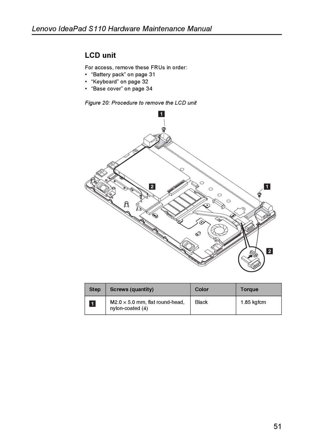 Lenovo S110 manual Procedure to remove the LCD unit 