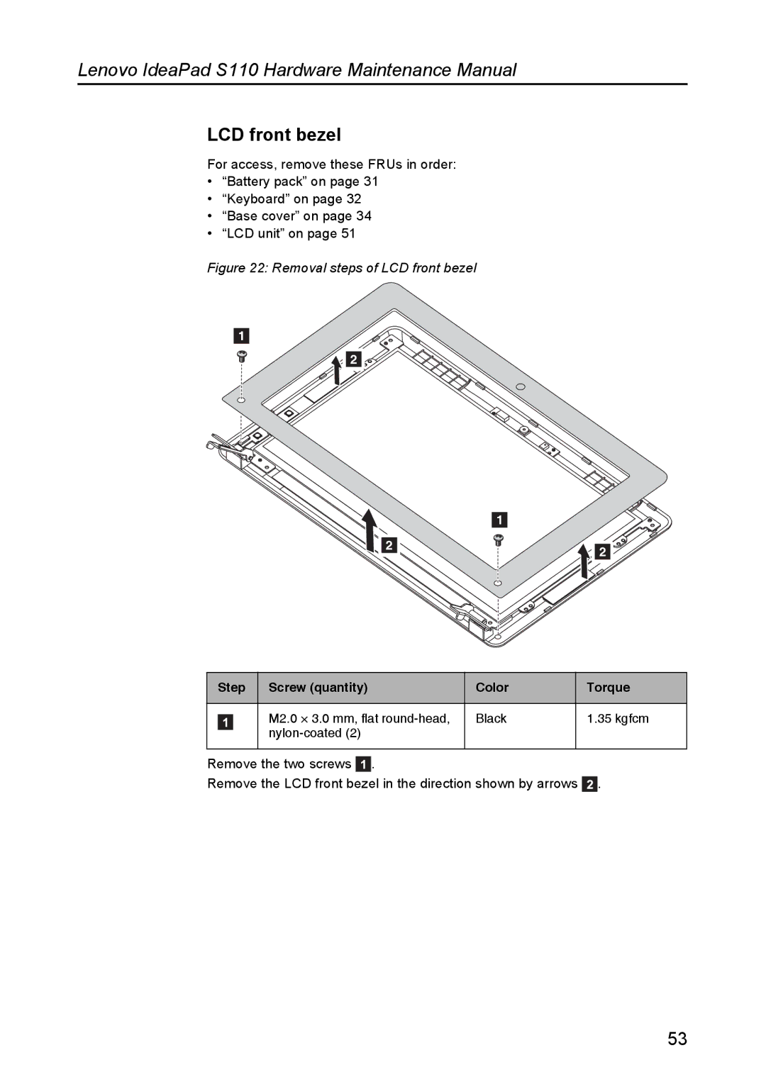 Lenovo S110 manual Removal steps of LCD front bezel 