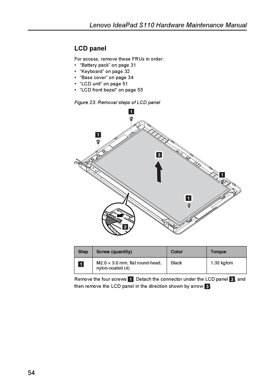 Lenovo S110 manual Removal steps of LCD panel 