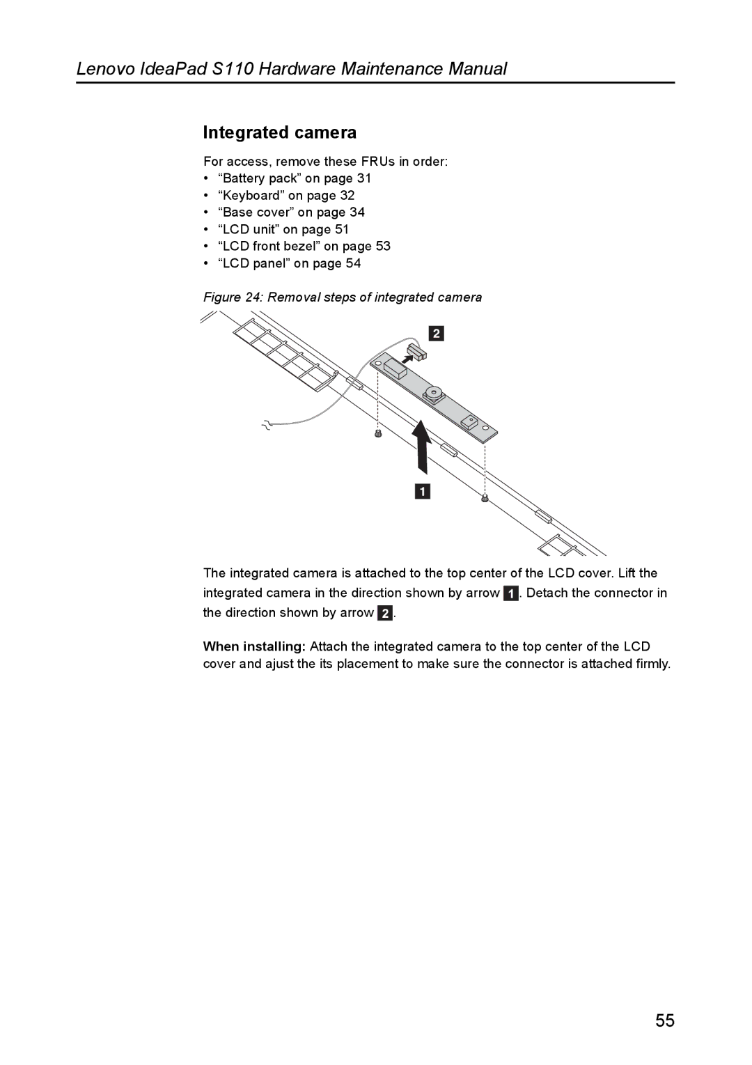 Lenovo S110 manual Integrated camera, Removal steps of integrated camera 