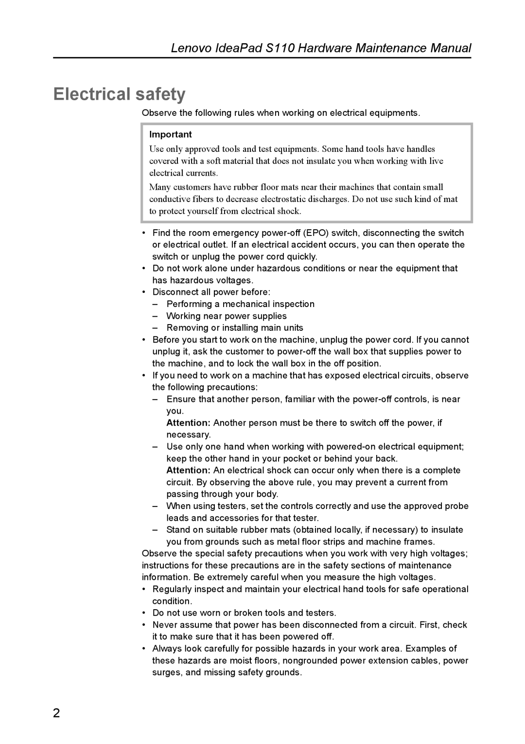 Lenovo S110 manual Electrical safety 