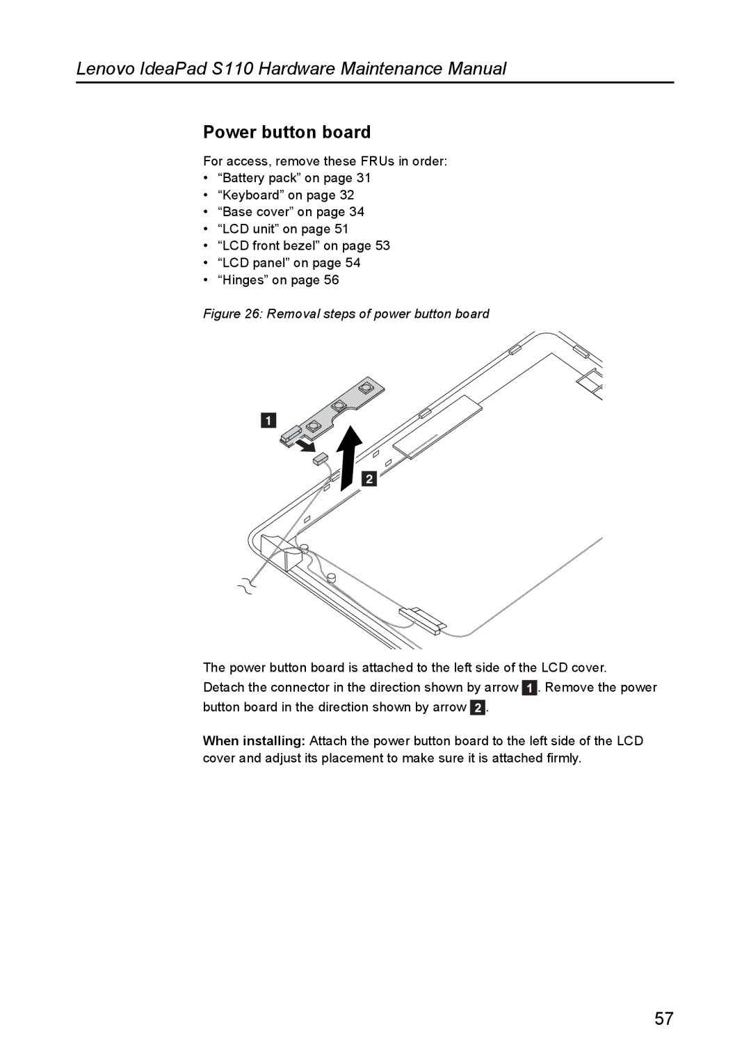 Lenovo S110 manual Power button board, Removal steps of power button board 