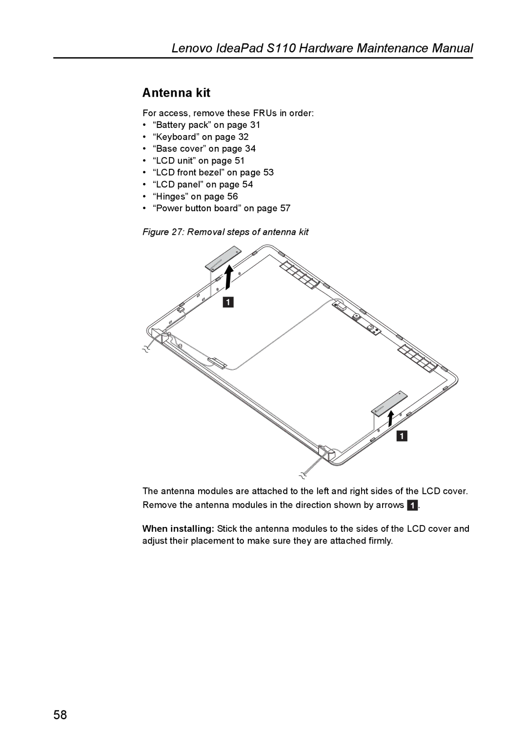 Lenovo S110 manual Antenna kit, Removal steps of antenna kit 