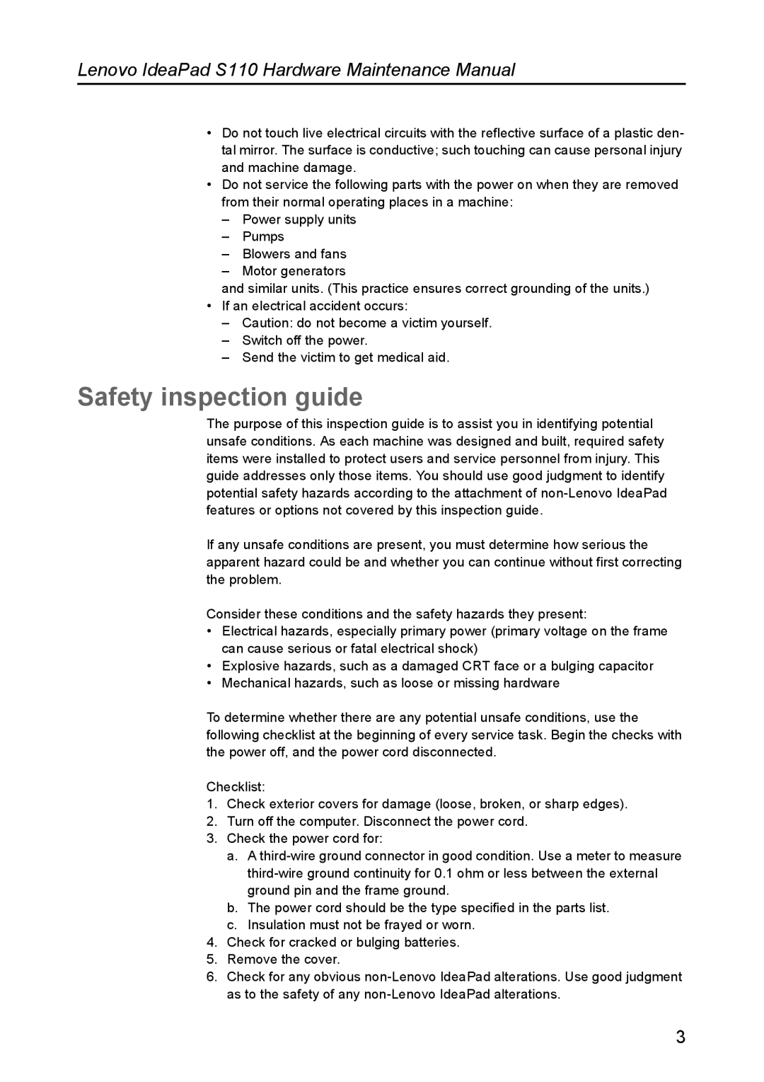 Lenovo S110 manual Safety inspection guide 