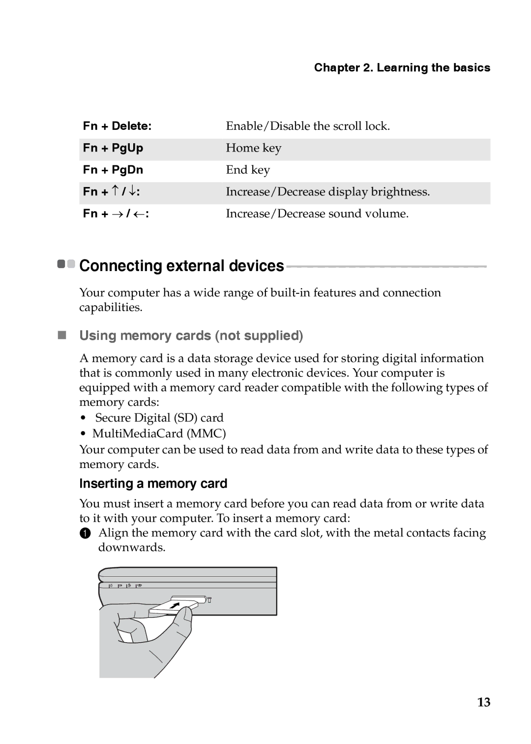 Lenovo S110 manual „ Using memory cards not supplied, Connecting external devices 