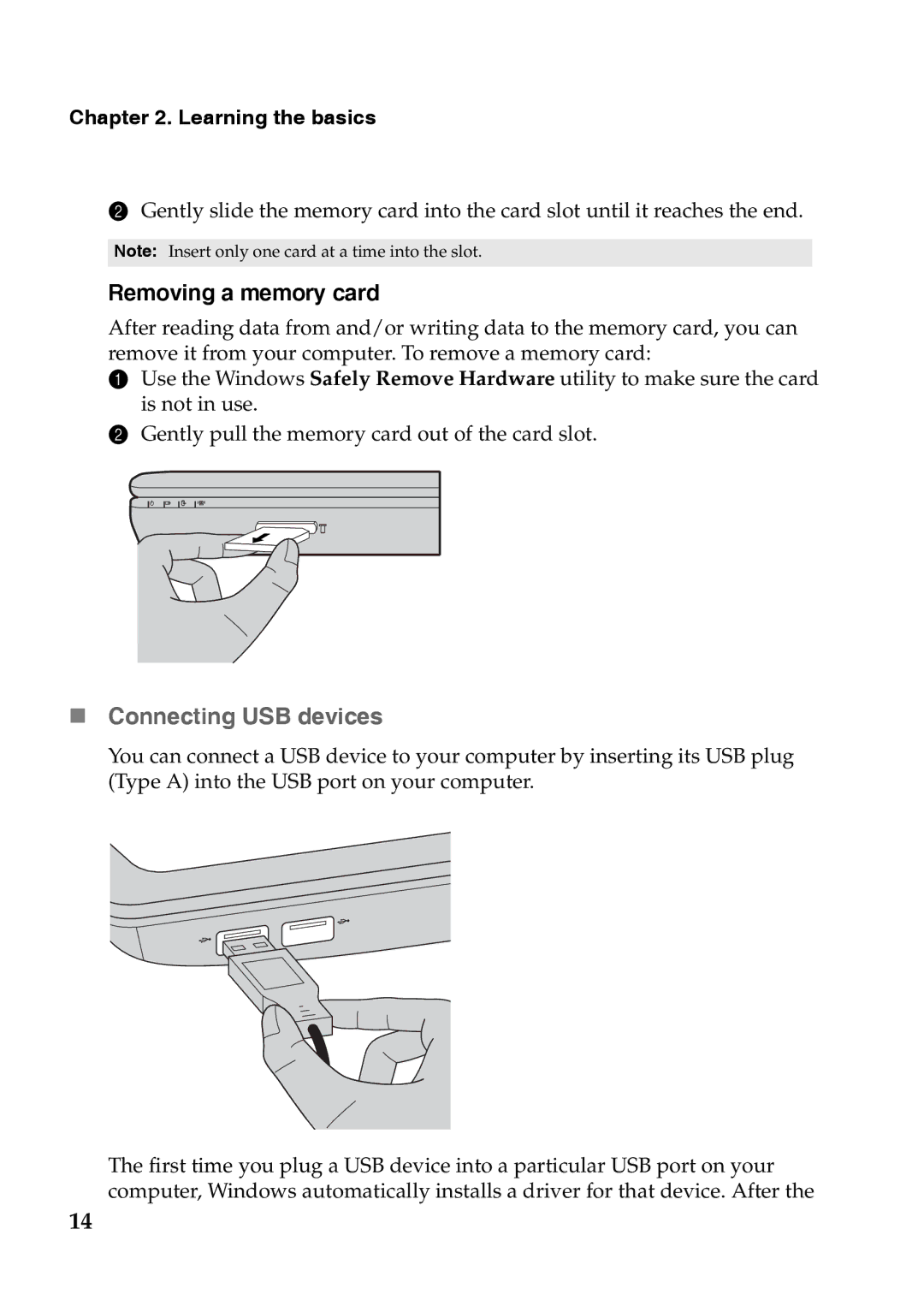 Lenovo S110 manual „ Connecting USB devices, Removing a memory card 