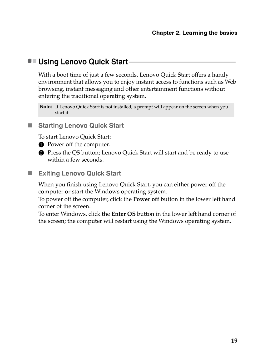 Lenovo S110 manual „ Starting Lenovo Quick Start, „ Exiting Lenovo Quick Start, Using Lenovo Quick Start 