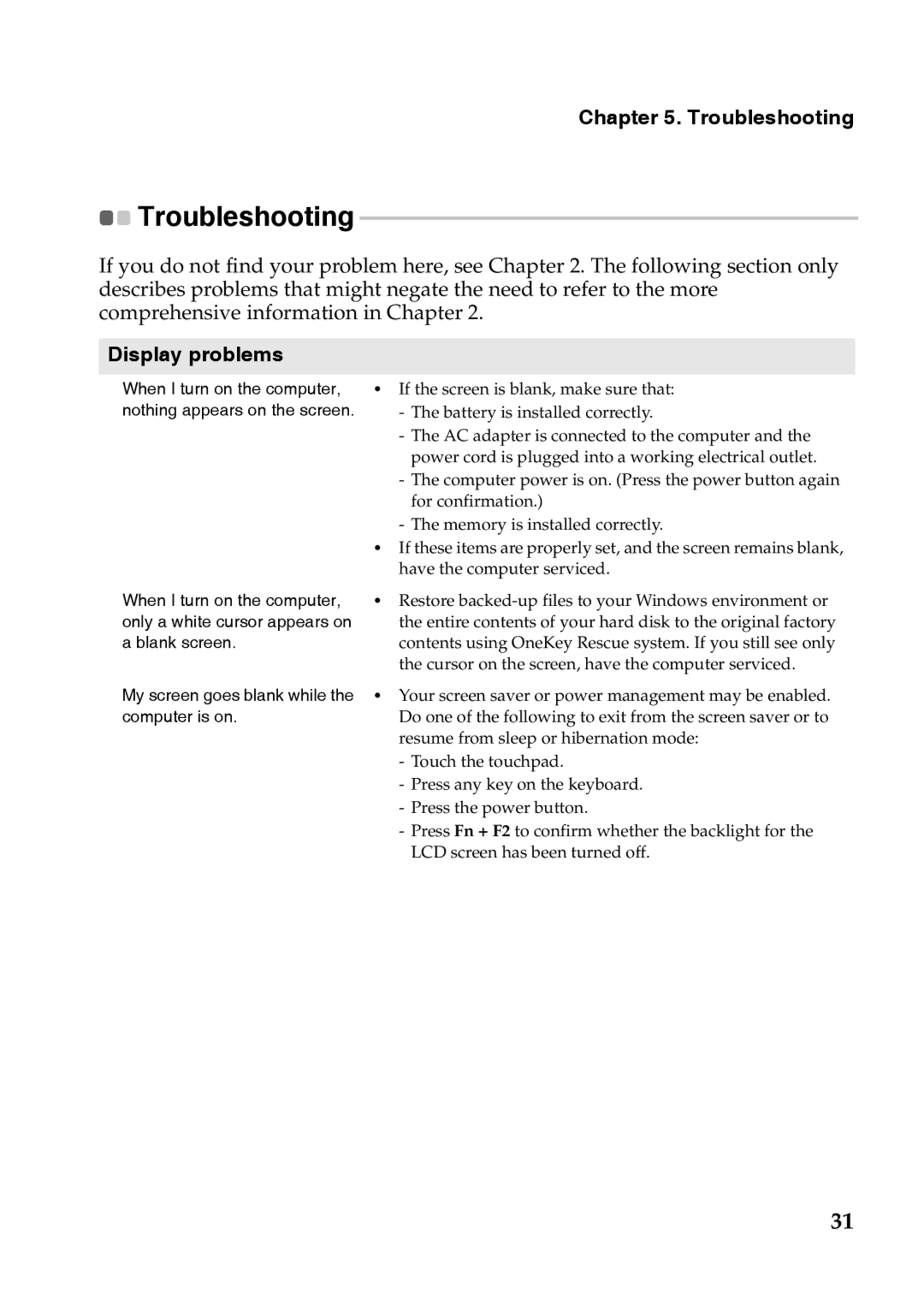 Lenovo S110 manual Troubleshooting, Display problems 