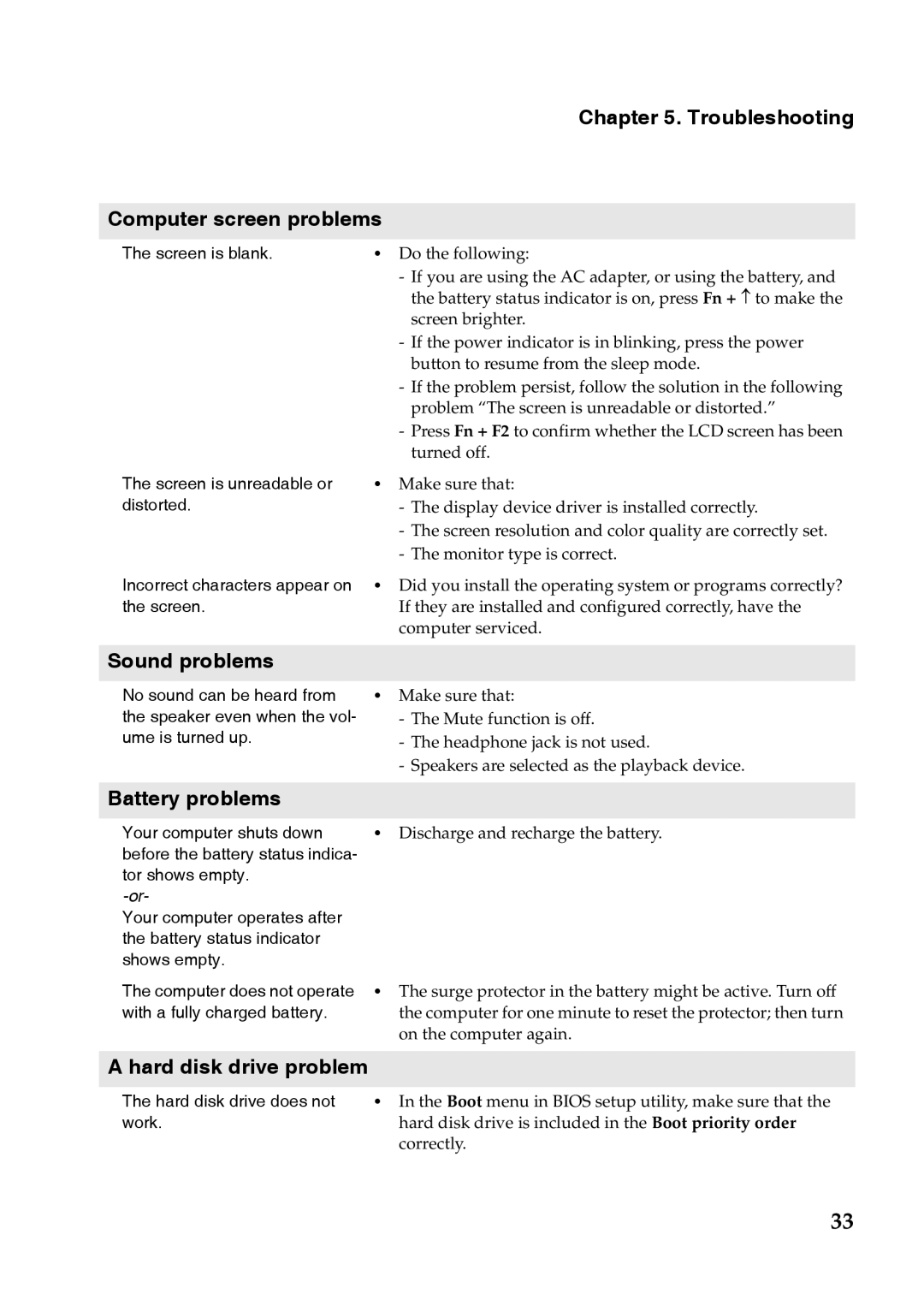 Lenovo S110 manual Troubleshooting Computer screen problems, Sound problems, Battery problems, Hard disk drive problem 