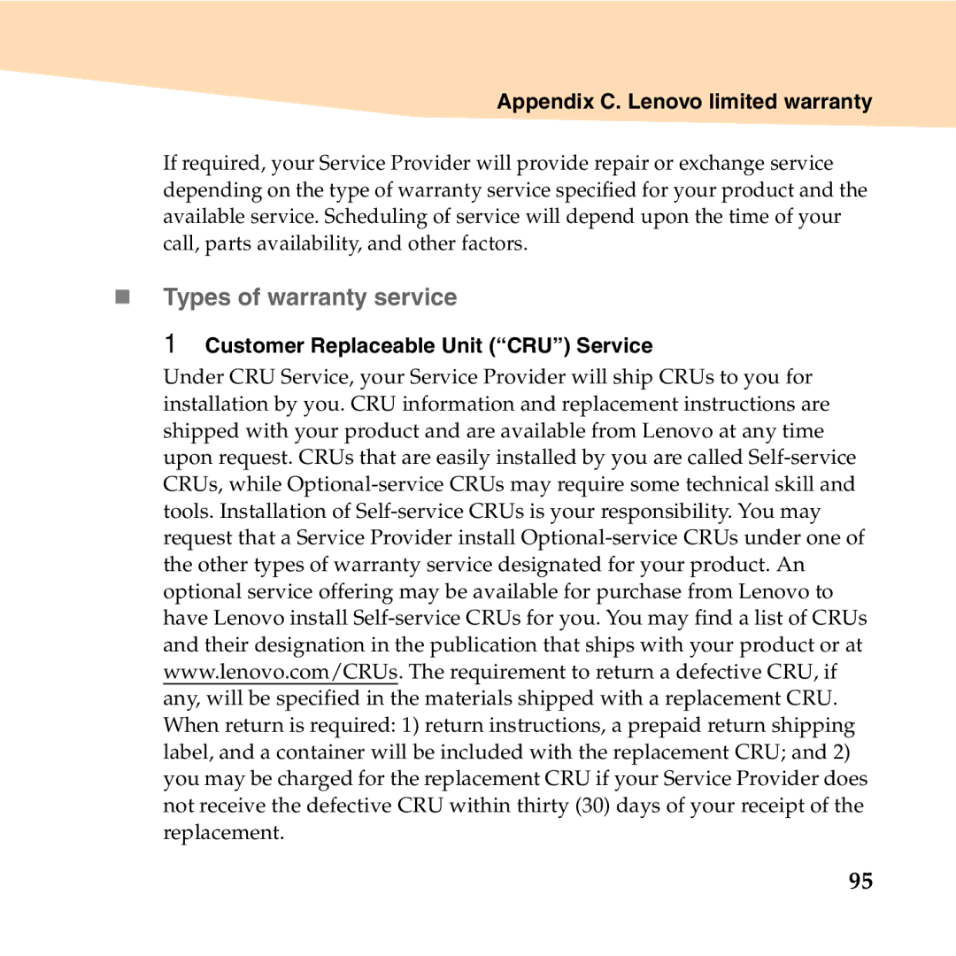 Lenovo S12 manual „ Types of warranty service, Customer Replaceable Unit CRU Service 