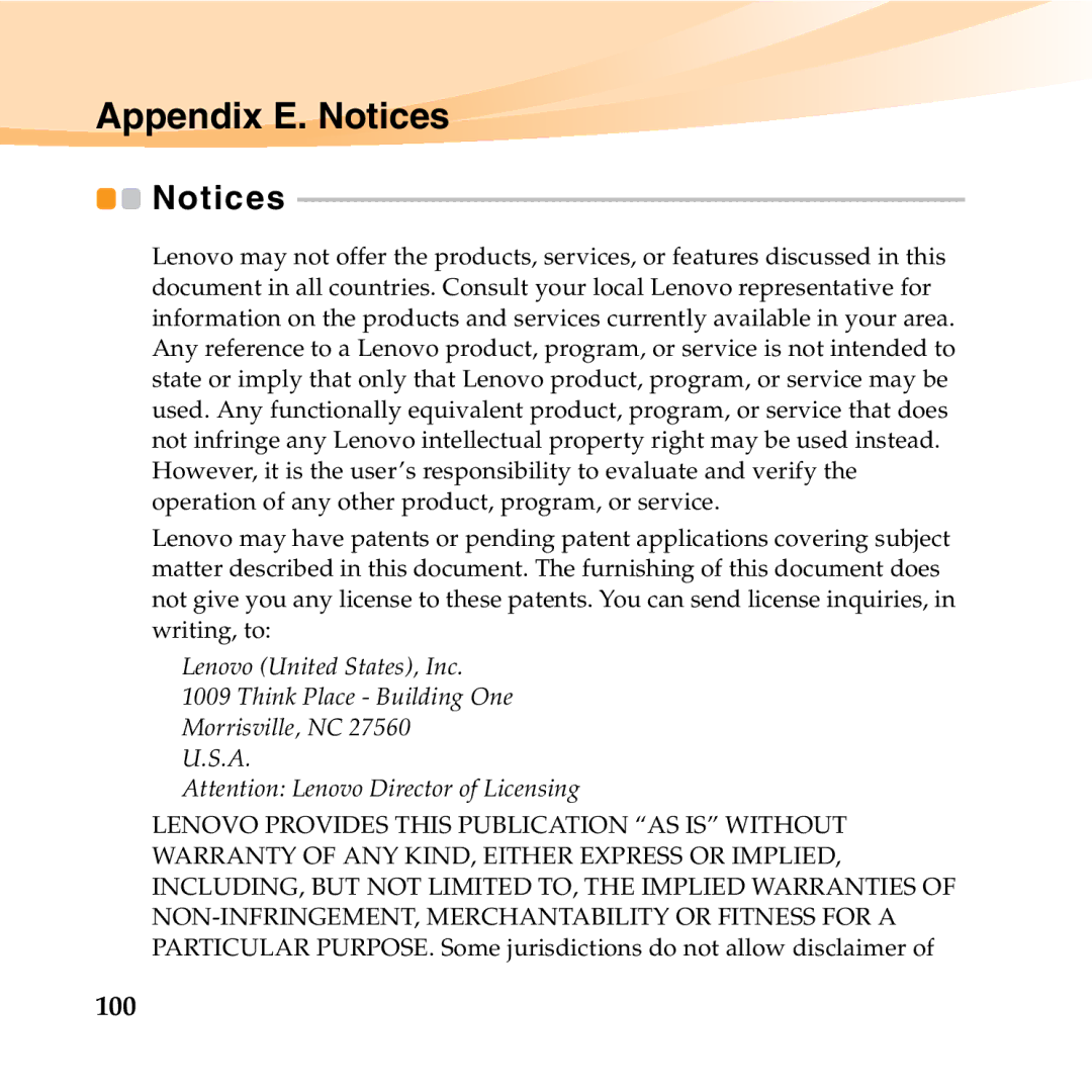 Lenovo S12 manual Appendix E. Notices, 100 