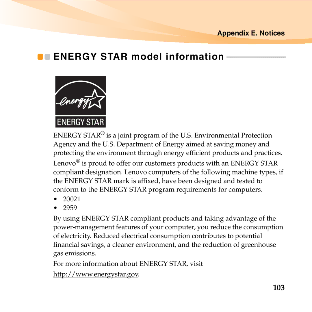 Lenovo S12 manual Energy Star model information, 103 