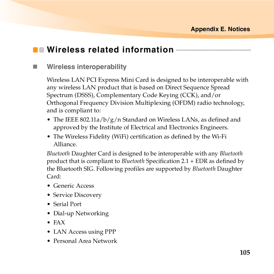 Lenovo S12 manual Wireless related information, „ Wireless interoperability, 105 