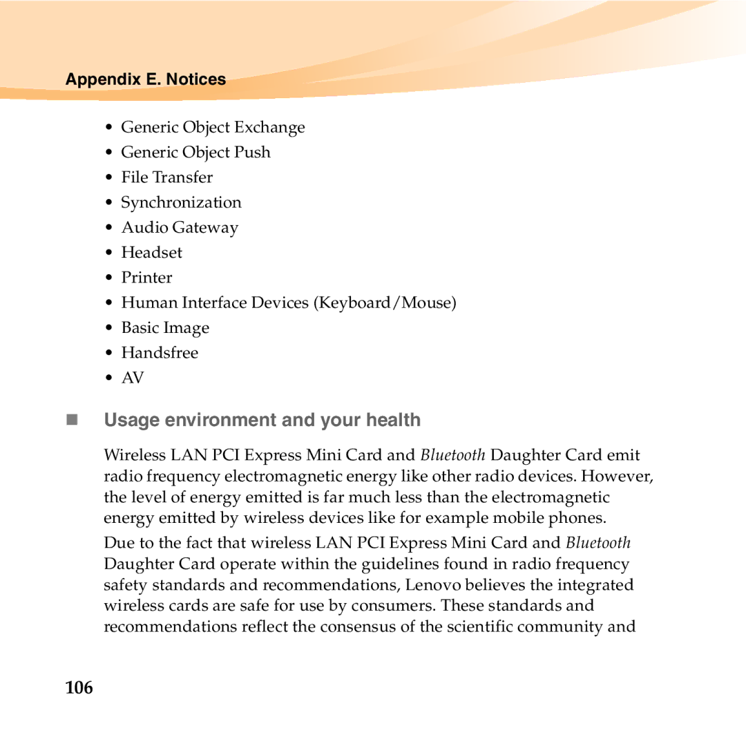 Lenovo S12 manual „ Usage environment and your health, 106 