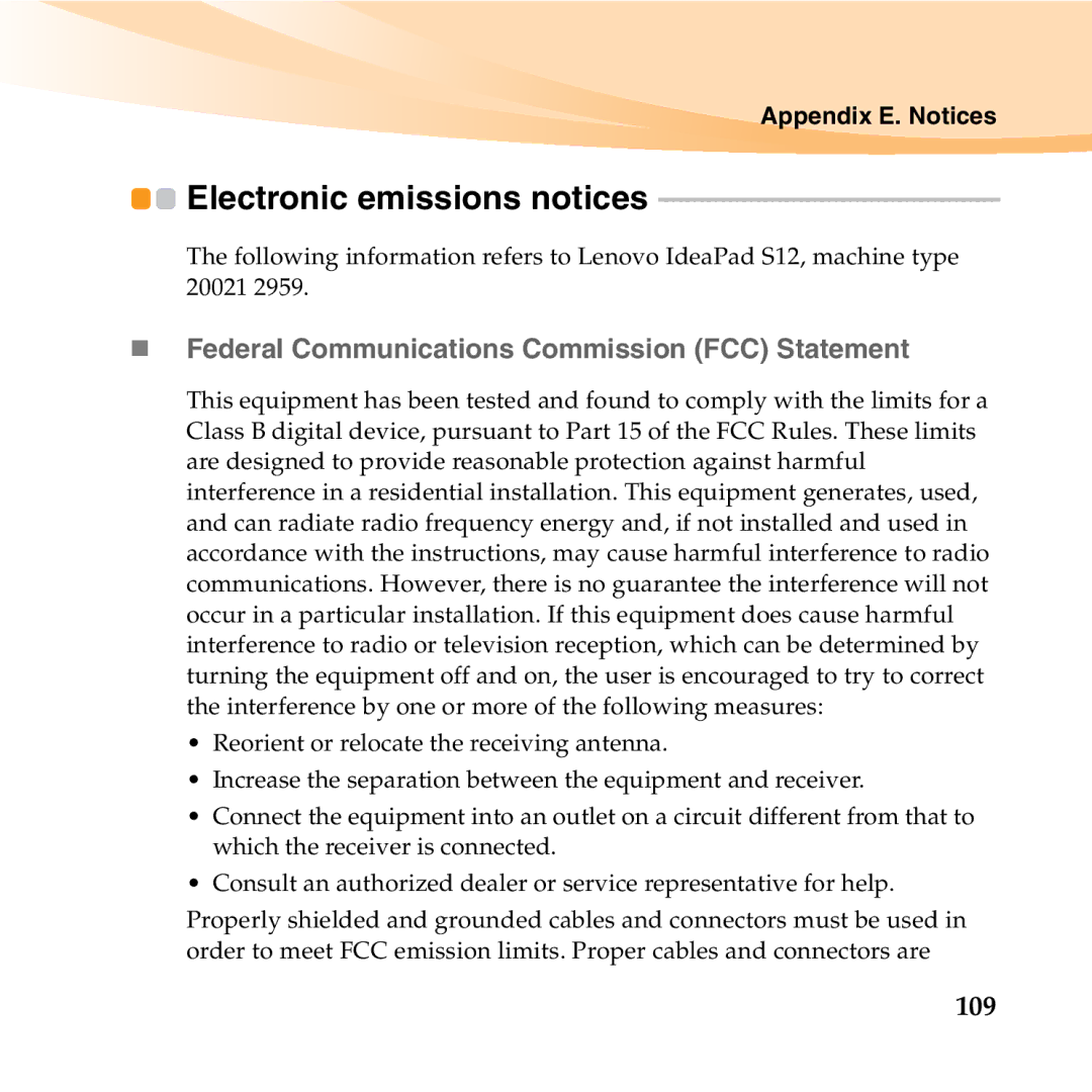 Lenovo S12 manual Electronic emissions notices, „ Federal Communications Commission FCC Statement, 109 