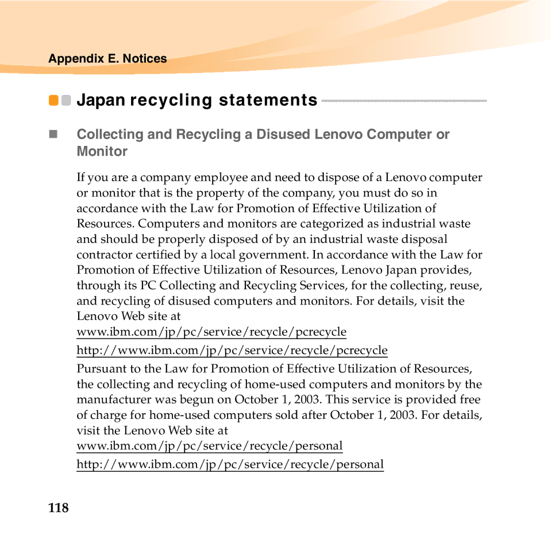 Lenovo S12 manual Japan recycling statements, 118 