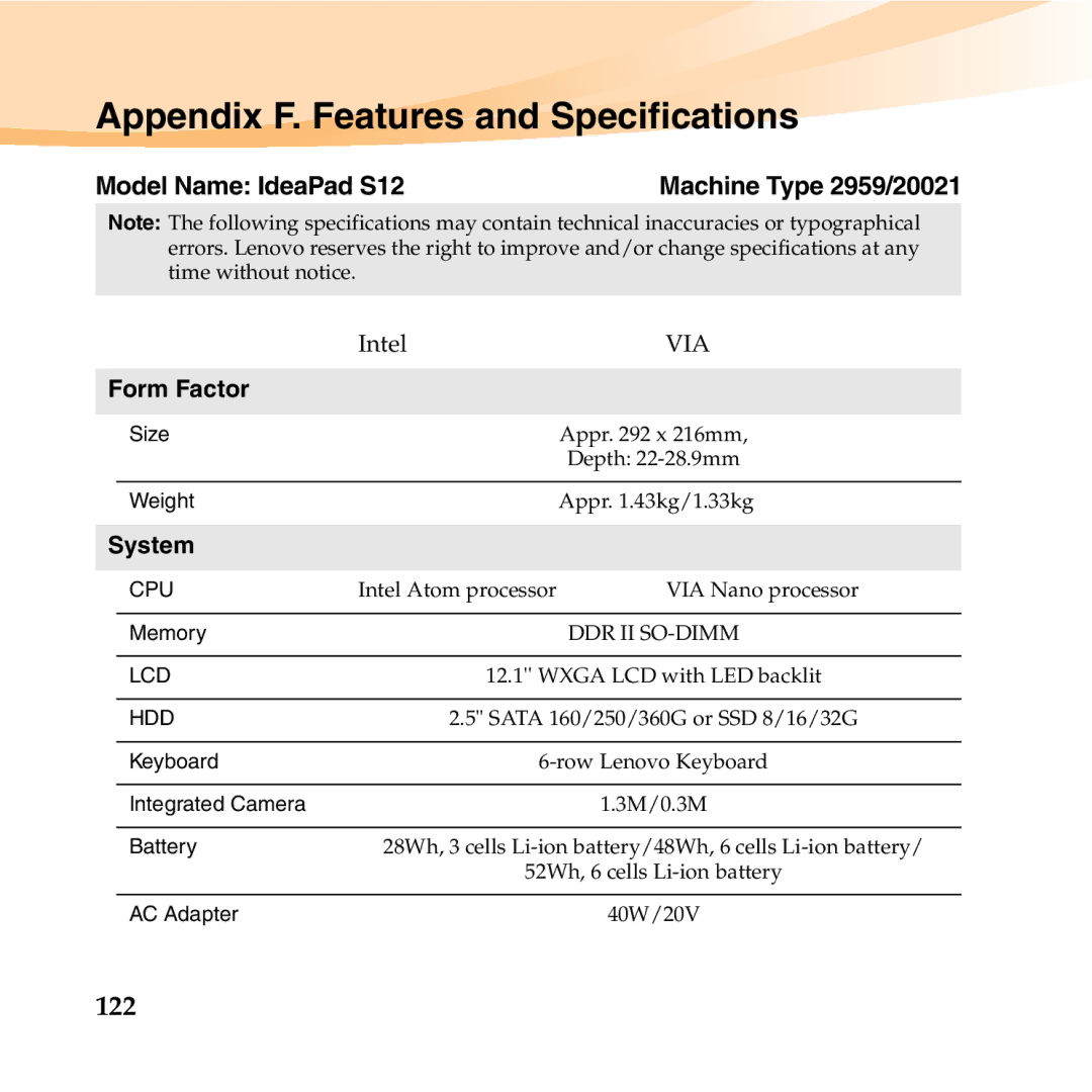 Lenovo manual Appendix F. Features and Specifications, 122, Model Name IdeaPad S12, Form Factor, System 