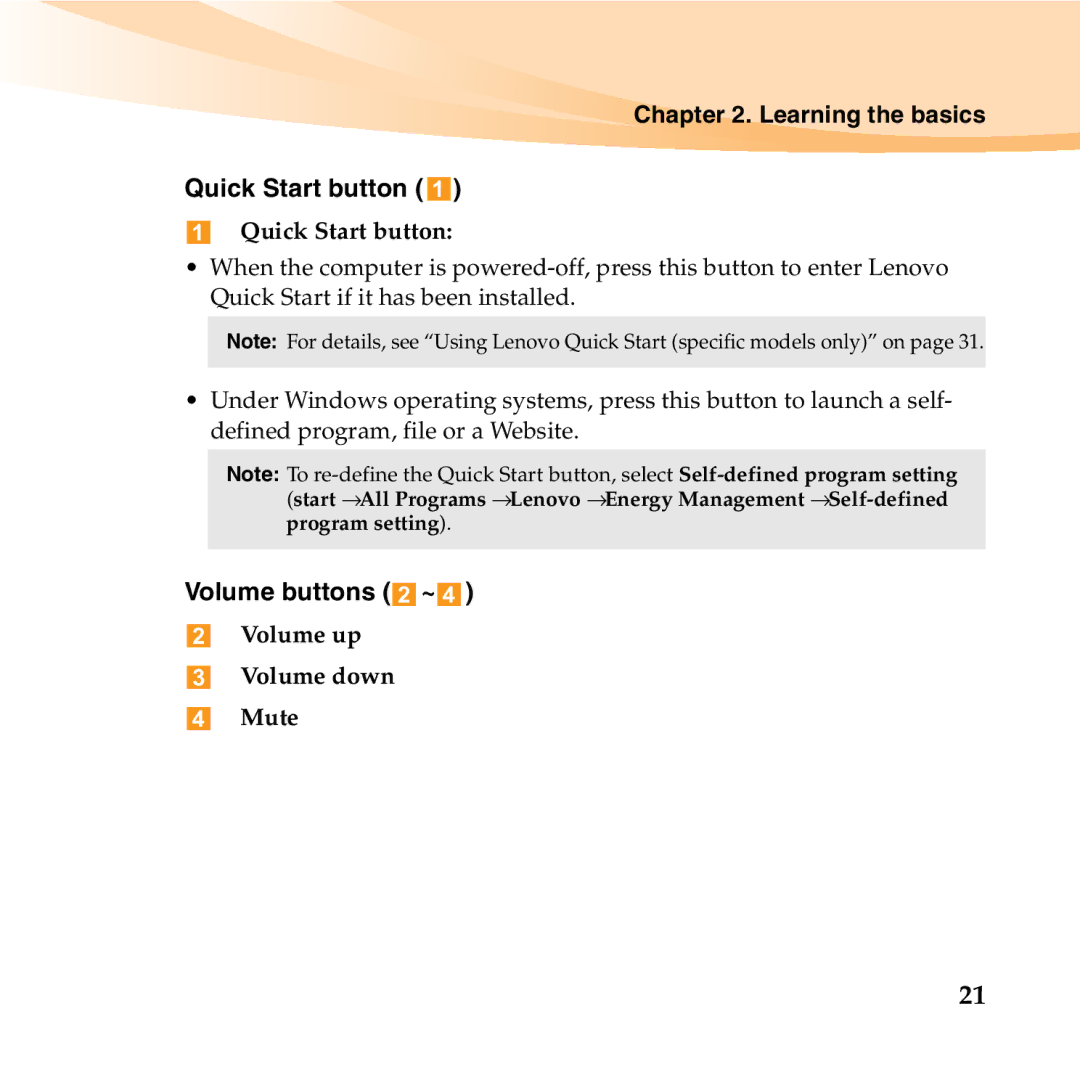 Lenovo S12 manual Learning the basics Quick Start button, Volume buttons ~ 