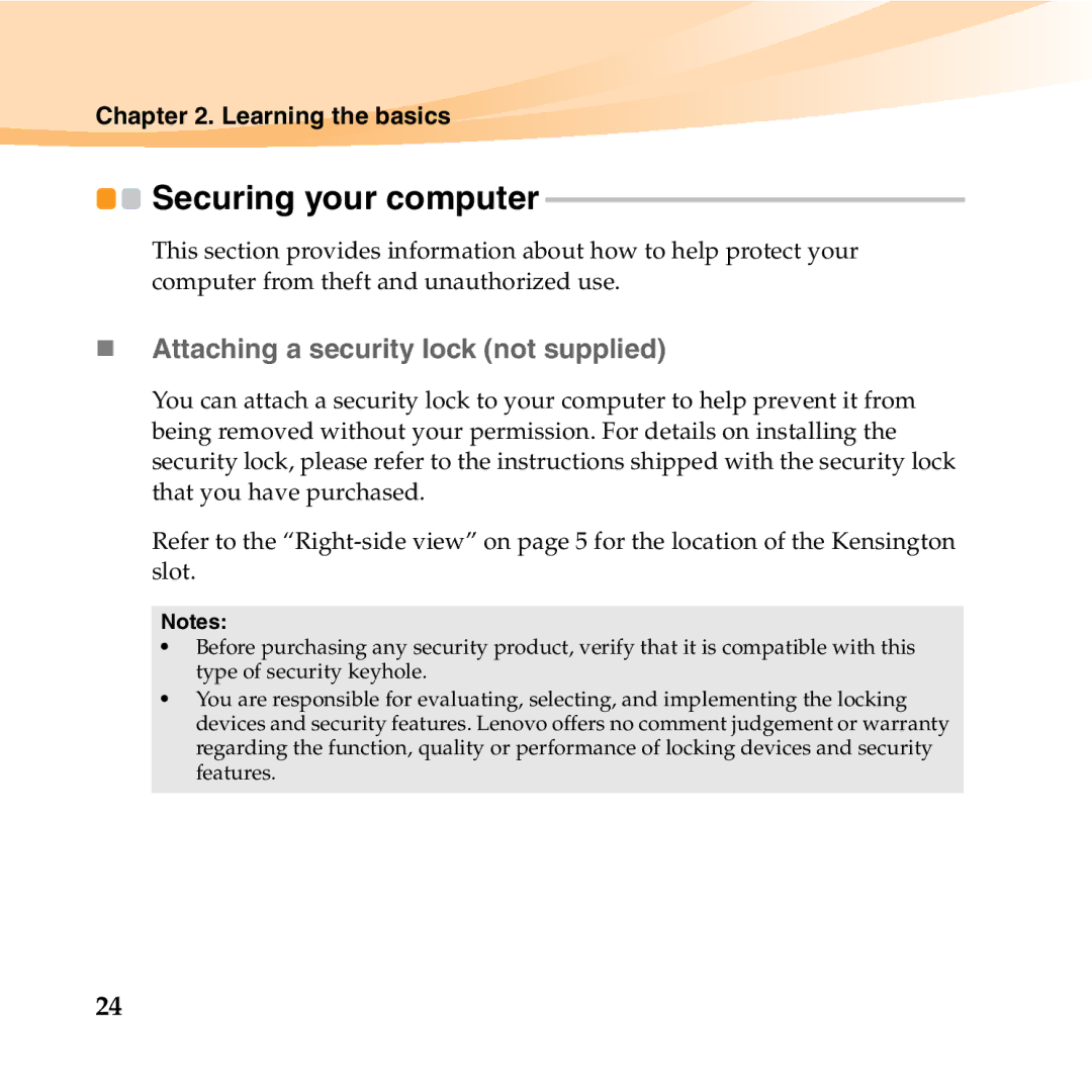 Lenovo S12 manual Securing your computer, „ Attaching a security lock not supplied 