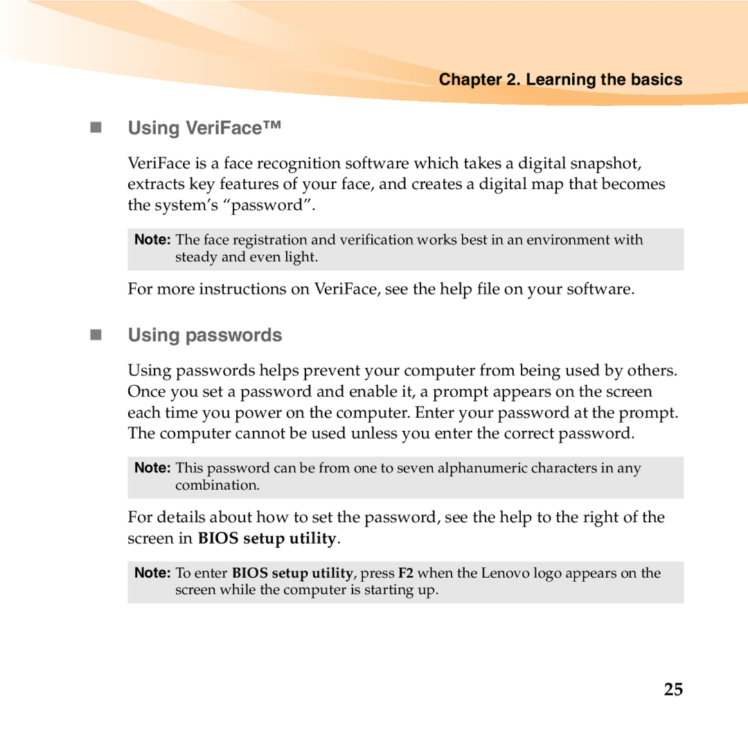 Lenovo S12 manual „ Using VeriFace, „ Using passwords 