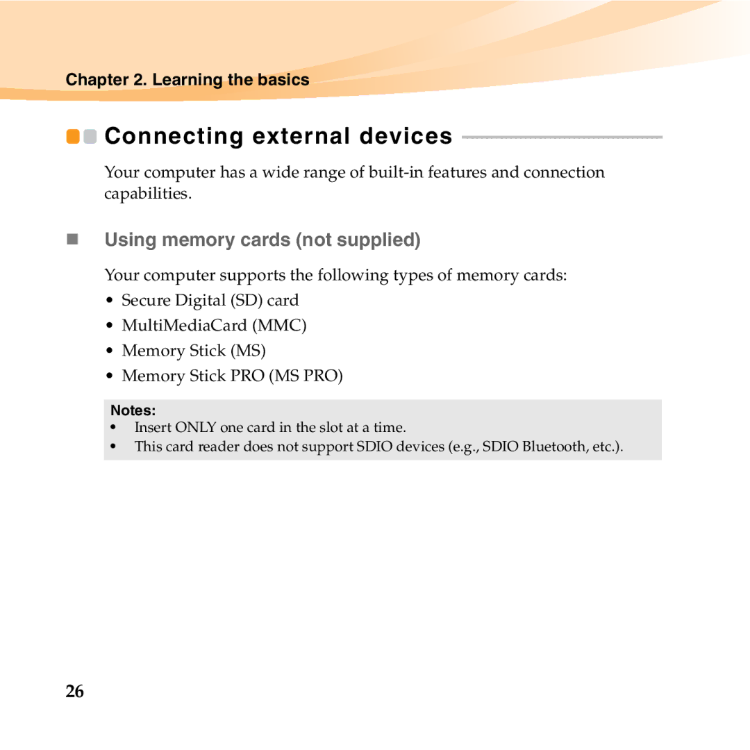 Lenovo S12 manual Connecting external devices, „ Using memory cards not supplied 