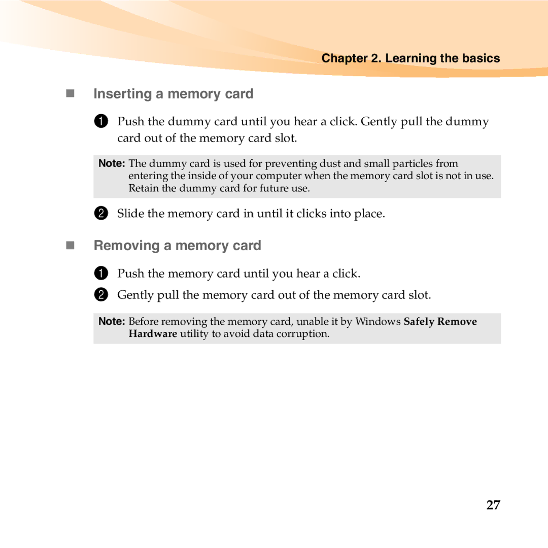 Lenovo S12 manual „ Inserting a memory card, „ Removing a memory card 