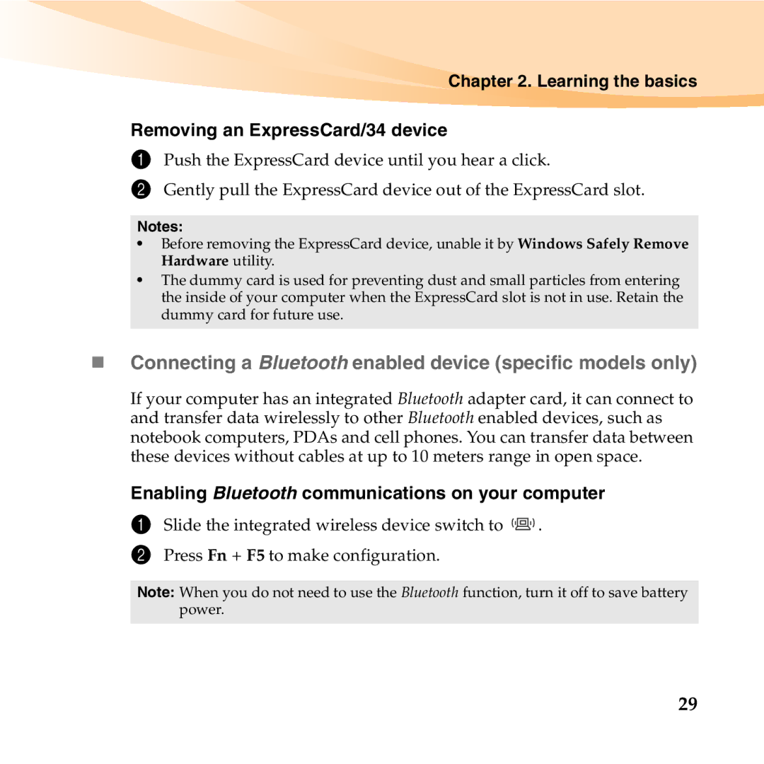 Lenovo S12 manual Learning the basics Removing an ExpressCard/34 device, Enabling Bluetooth communications on your computer 