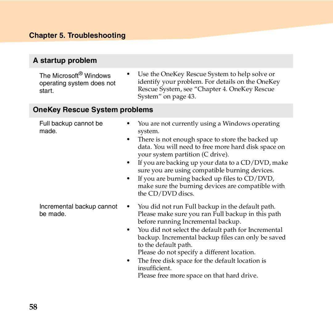 Lenovo S12 manual Troubleshooting Startup problem, OneKey Rescue System problems 