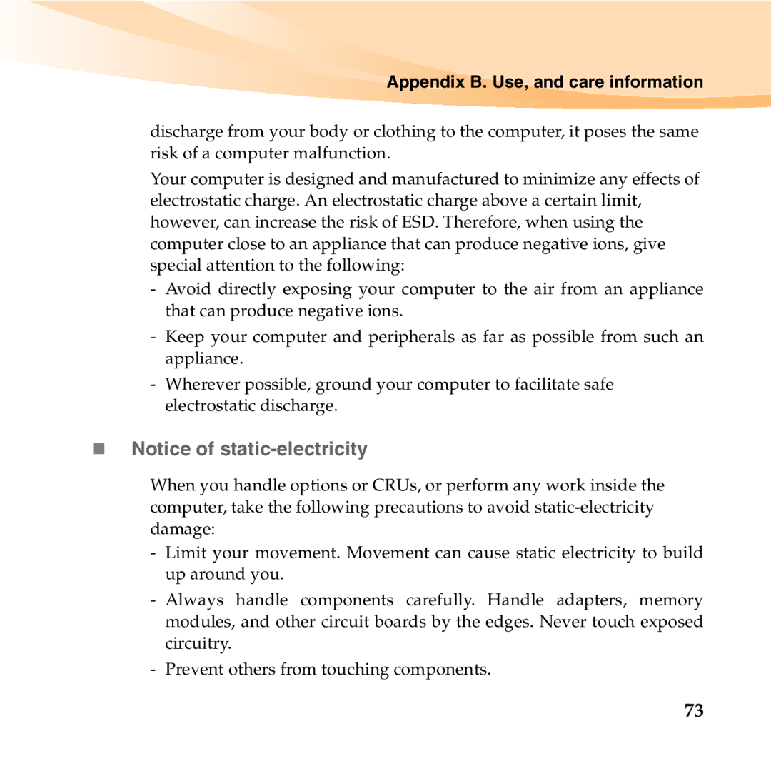 Lenovo S12 manual „ Notice of static-electricity, Appendix B. Use, and care information 