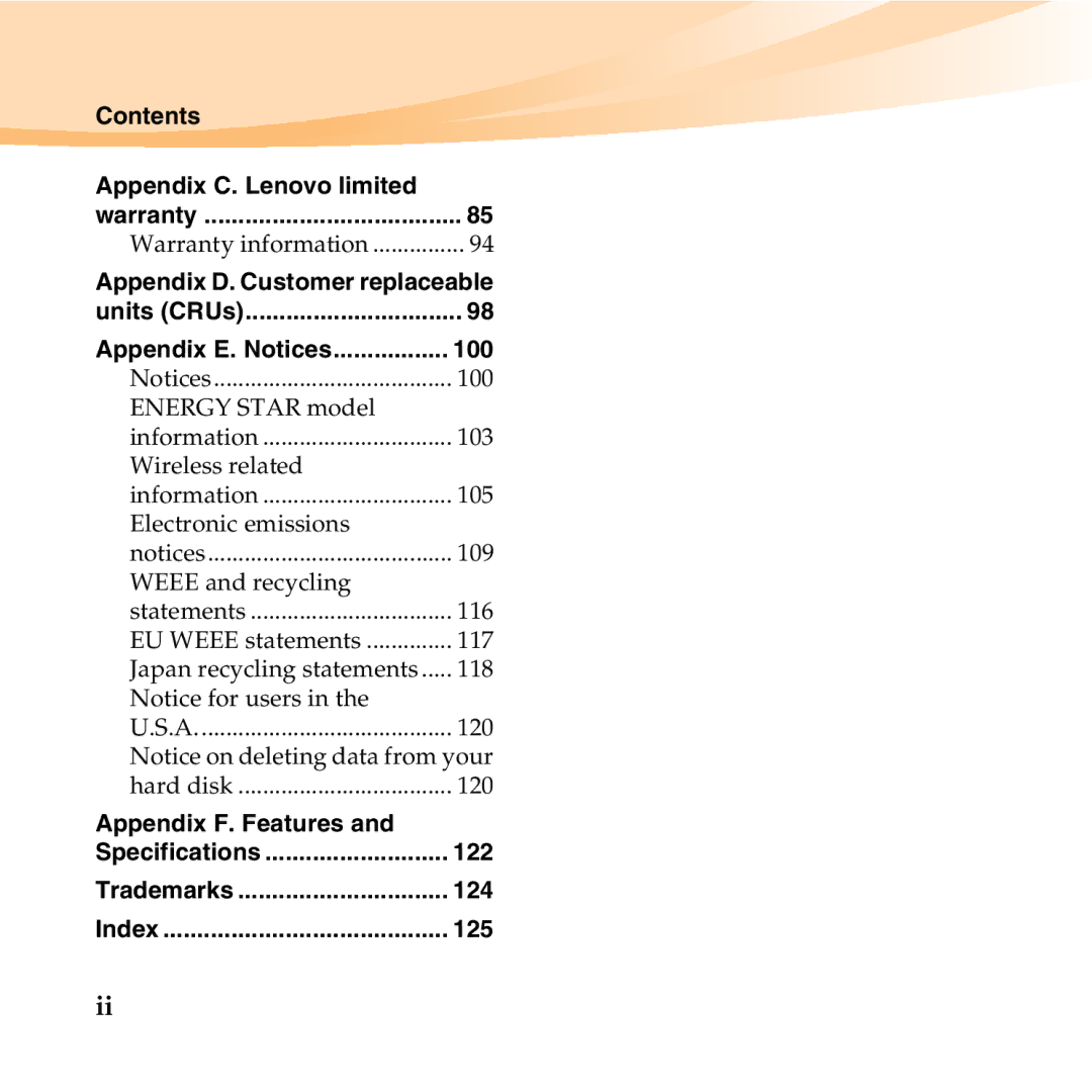 Lenovo S12 manual Contents Appendix C. Lenovo limited, Appendix F. Features 