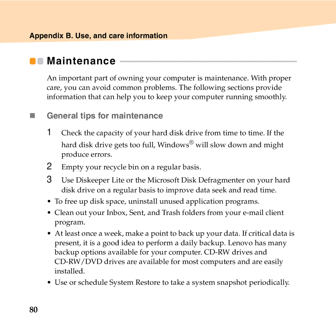 Lenovo S12 manual Maintenance, „ General tips for maintenance 