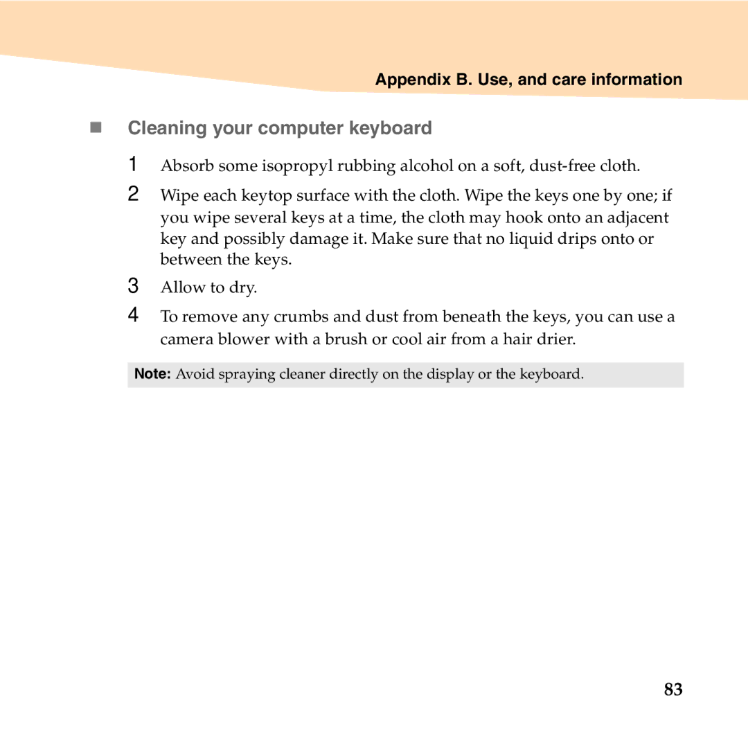 Lenovo S12 manual „ Cleaning your computer keyboard 