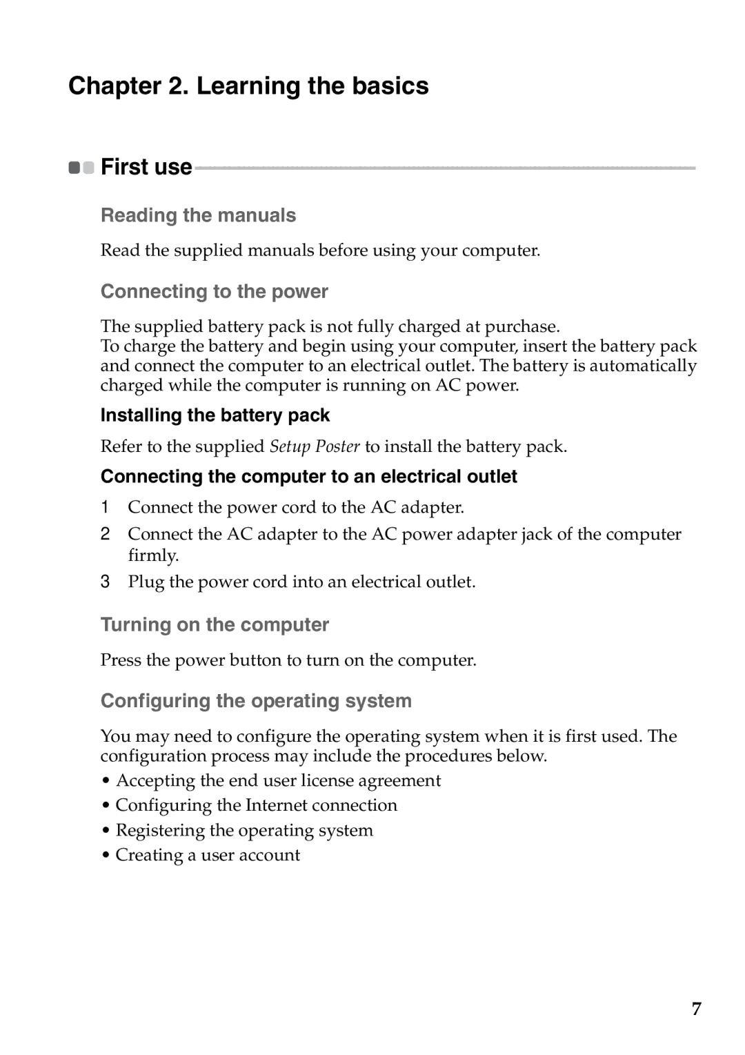 Lenovo S205 Learning the basics, „ Reading the manuals, „ Connecting to the power, „ Turning on the computer 