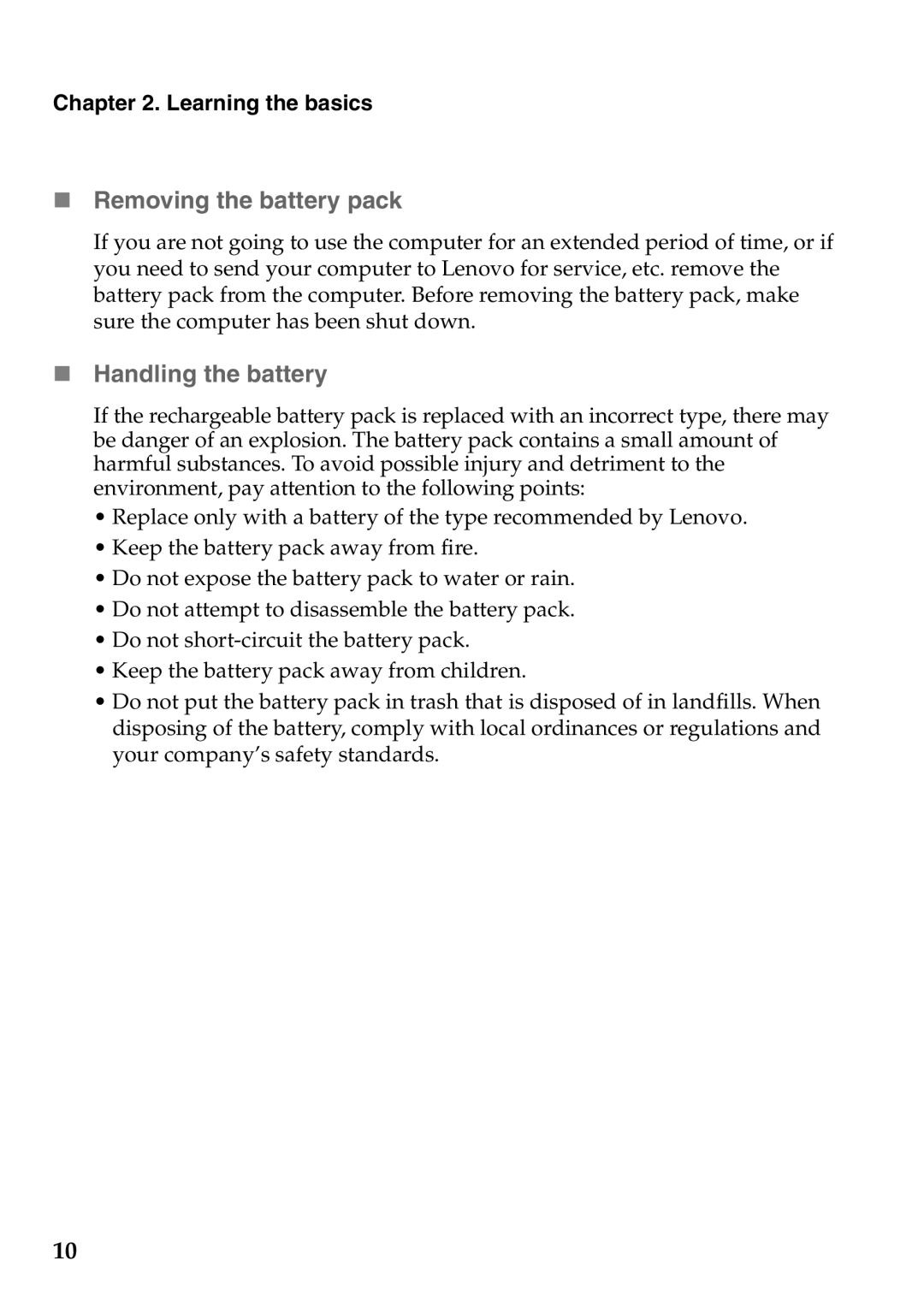 Lenovo S205 manual „ Removing the battery pack, „ Handling the battery 