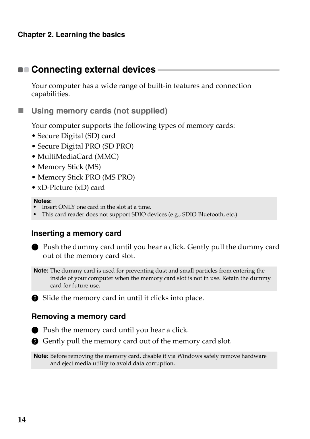 Lenovo S205 manual „ Using memory cards not supplied, Inserting a memory card, Removing a memory card 