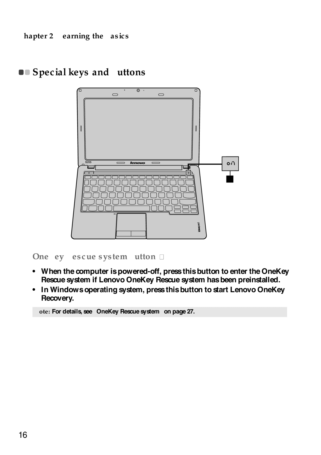 Lenovo S205 manual „ OneKey Rescue system button a, Special keys and buttons 