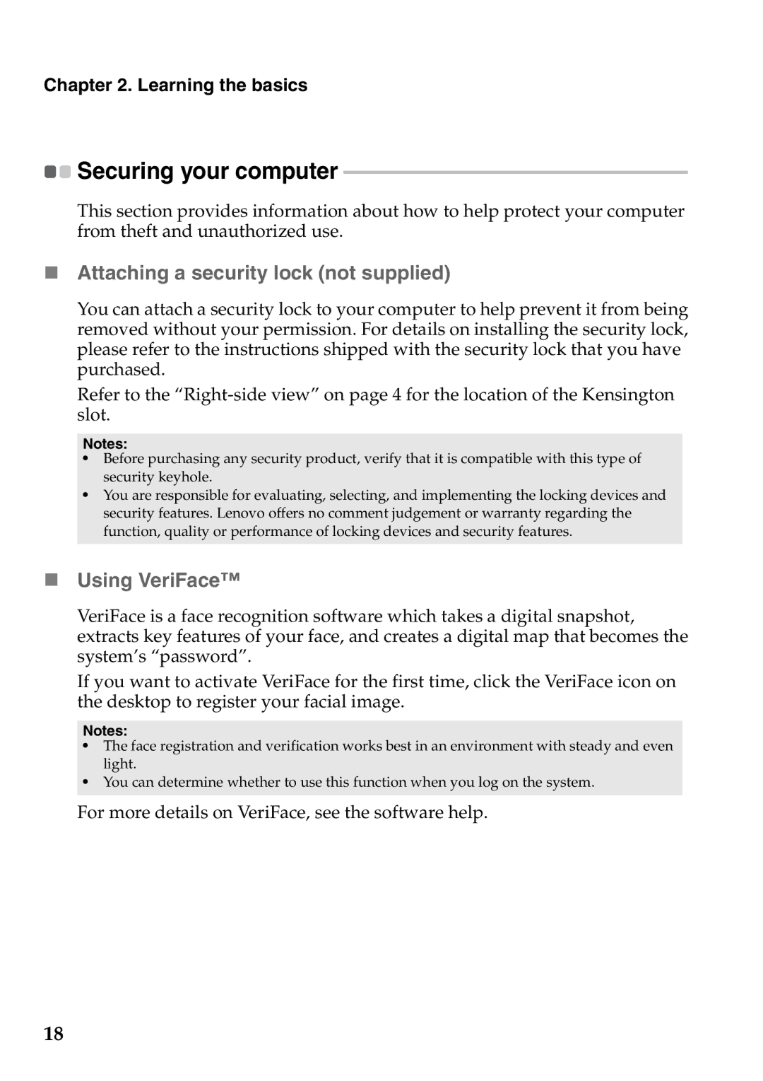 Lenovo S205 manual „ Attaching a security lock not supplied, „ Using VeriFace, Securing your computer 